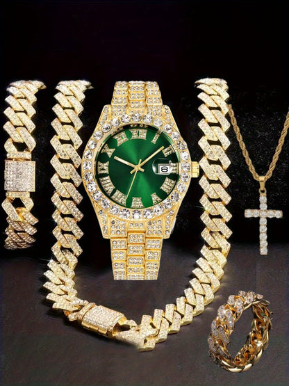 Jewelry Set with Watch - Hip Hop Men Cuban Chain Pendant Necklace Bracelet Blue Black Green Red - product detail view 23