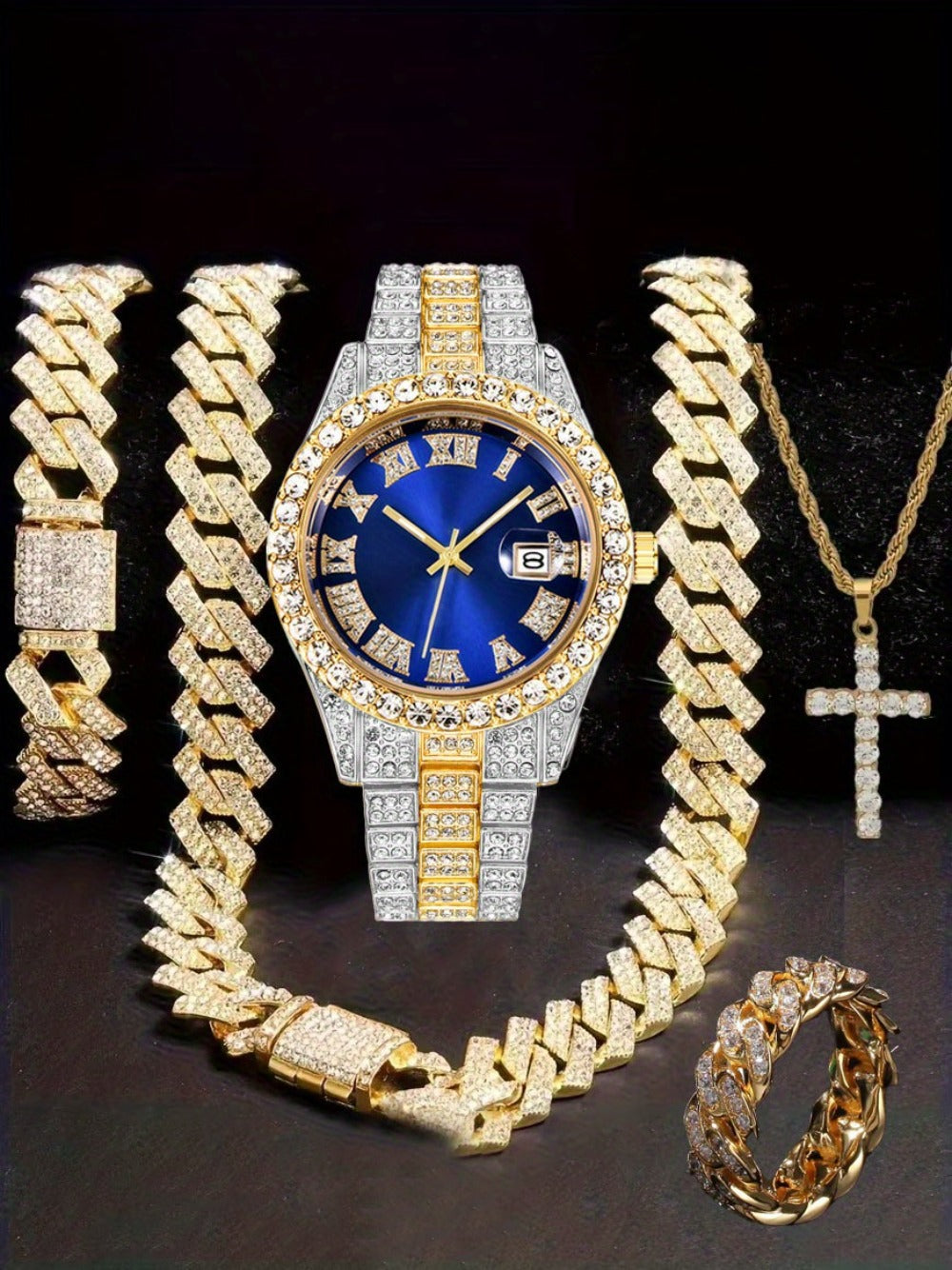 Jewelry Set with Watch - Hip Hop Men Cuban Chain Pendant Necklace Bracelet Blue Black Green Red - product detail view 24