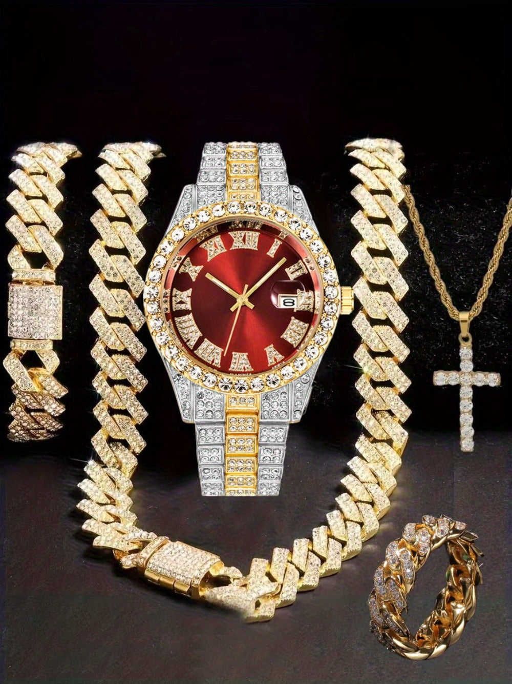 Jewelry Set with Watch - Hip Hop Men Cuban Chain Pendant Necklace Bracelet Blue Black Green Red - product detail view 25