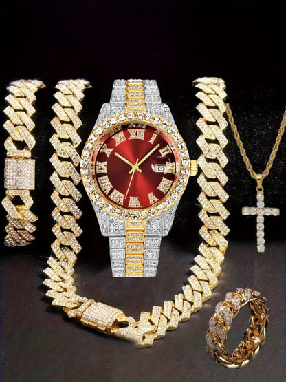 Jewelry Set with Watch - Hip Hop Men Cuban Chain Pendant Necklace Bracelet Blue Black Green Red - product detail view 25