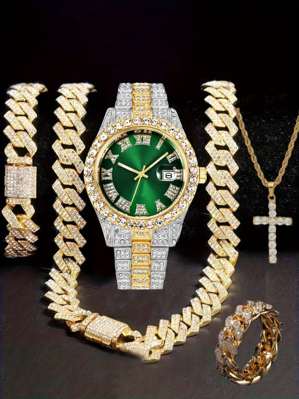 Jewelry Set with Watch - Hip Hop Men Cuban Chain Pendant Necklace Bracelet Blue Black Green Red - product detail view 26