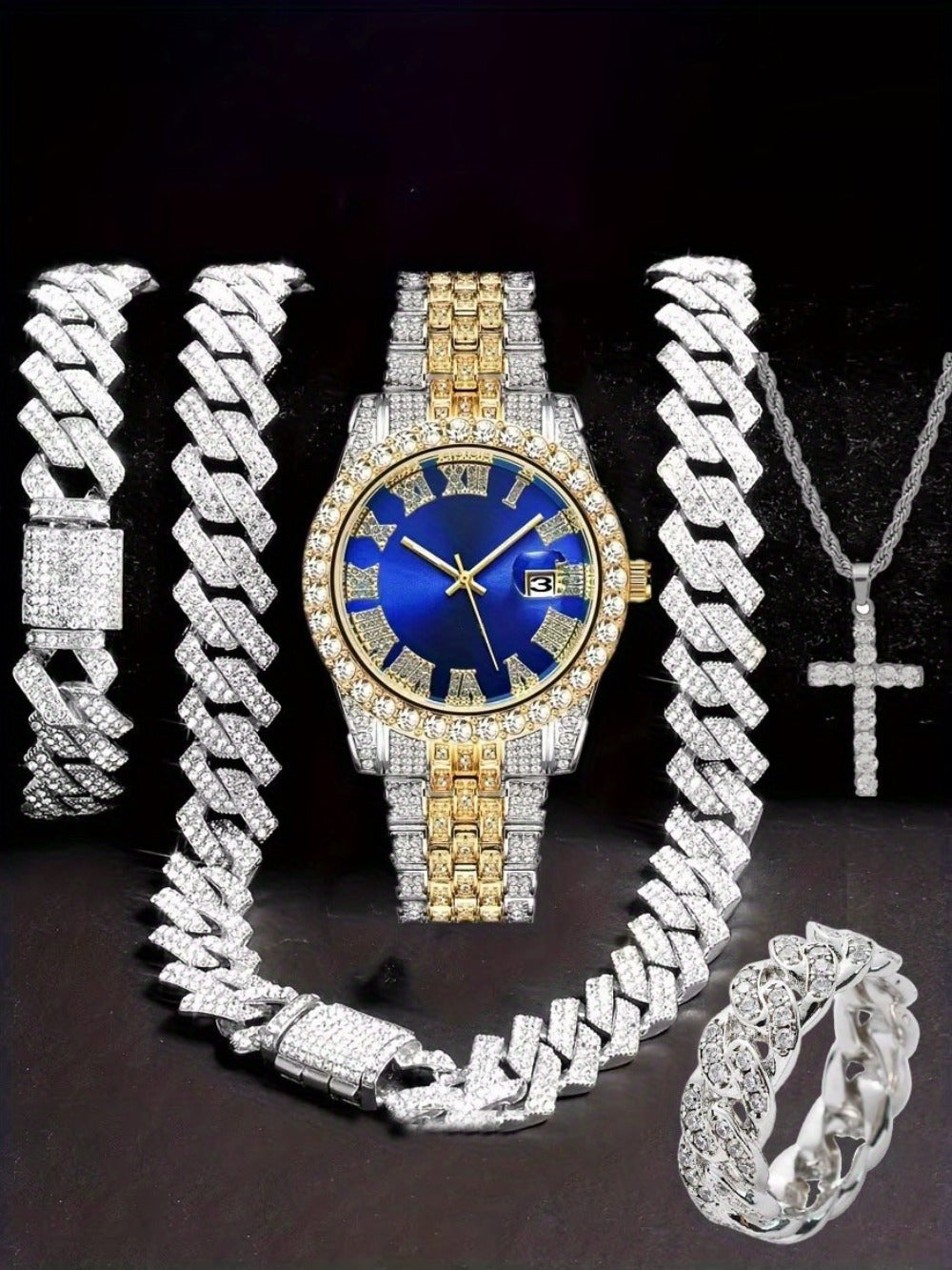 Jewelry Set with Watch - Hip Hop Men Cuban Chain Pendant Necklace Bracelet Blue Black Green Red - product detail view 27