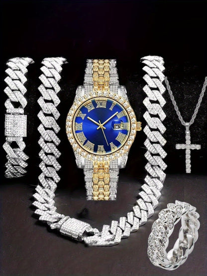 Jewelry Set with Watch - Hip Hop Men Cuban Chain Pendant Necklace Bracelet Blue Black Green Red - product detail view 27