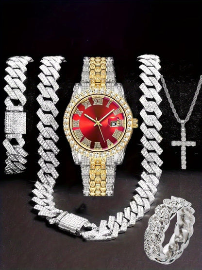 Jewelry Set with Watch - Hip Hop Men Cuban Chain Pendant Necklace Bracelet Blue Black Green Red - product detail view 28