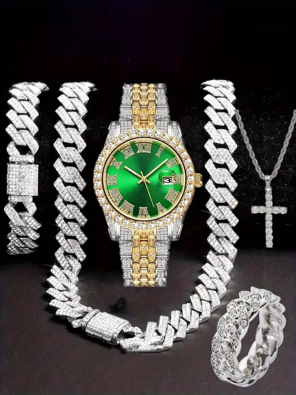 Jewelry Set with Watch - Hip Hop Men Cuban Chain Pendant Necklace Bracelet Blue Black Green Red - product detail view 29
