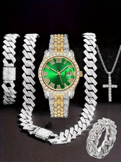 Jewelry Set with Watch - Hip Hop Men Cuban Chain Pendant Necklace Bracelet Blue Black Green Red - product detail view 29