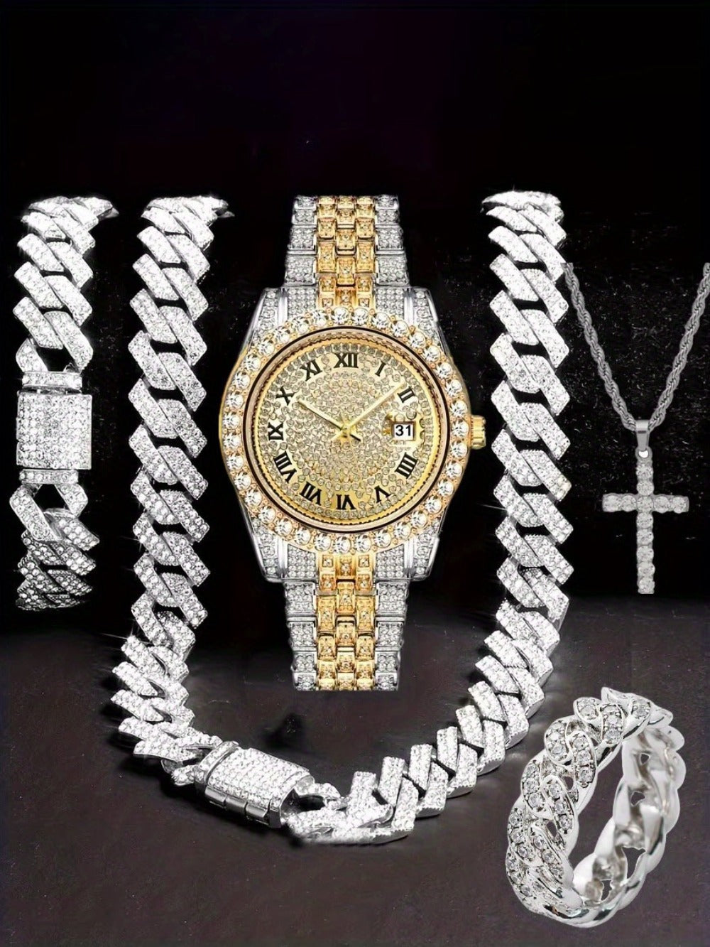 Jewelry Set with Watch - Hip Hop Men Cuban Chain Pendant Necklace Bracelet Blue Black Green Red - product detail view 30