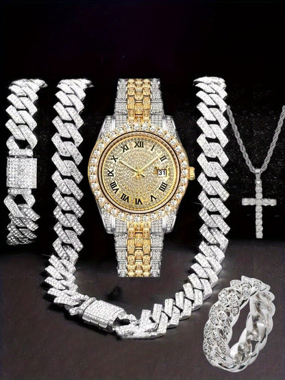 Jewelry Set with Watch - Hip Hop Men Cuban Chain Pendant Necklace Bracelet Blue Black Green Red - product detail view 30
