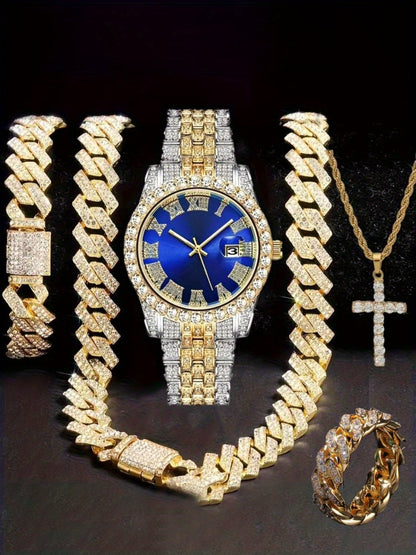 Jewelry Set with Watch - Hip Hop Men Cuban Chain Pendant Necklace Bracelet Blue Black Green Red - product detail view 31