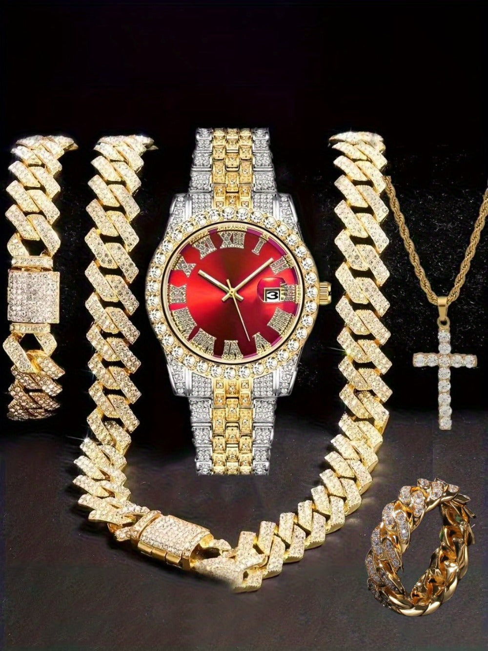 Jewelry Set with Watch - Hip Hop Men Cuban Chain Pendant Necklace Bracelet Blue Black Green Red - product detail view 32