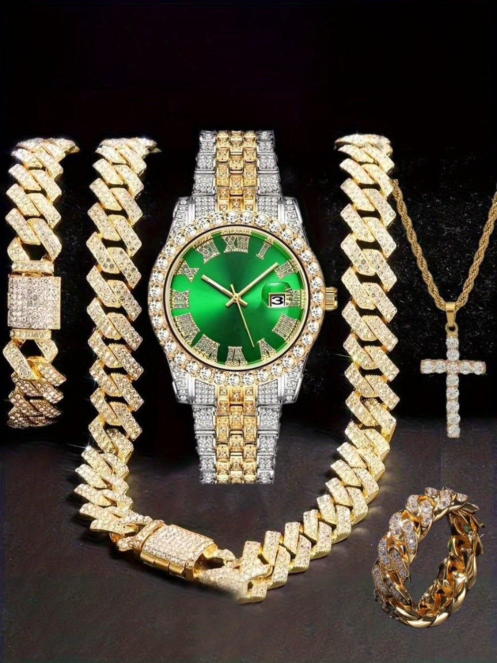 Jewelry Set with Watch - Hip Hop Men Cuban Chain Pendant Necklace Bracelet Blue Black Green Red - product detail view 33