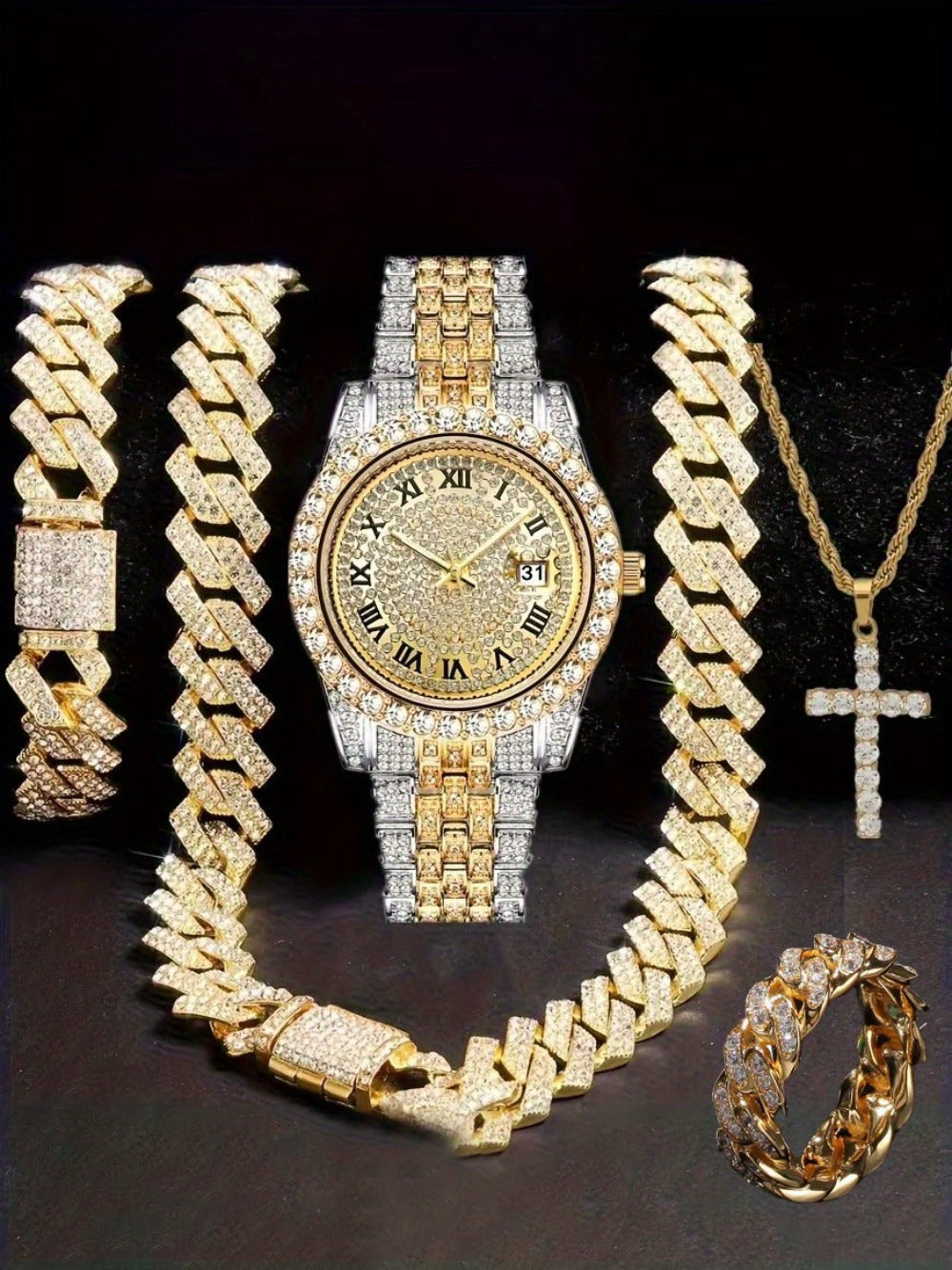 Jewelry Set with Watch - Hip Hop Men Cuban Chain Pendant Necklace Bracelet Blue Black Green Red - product detail view 34