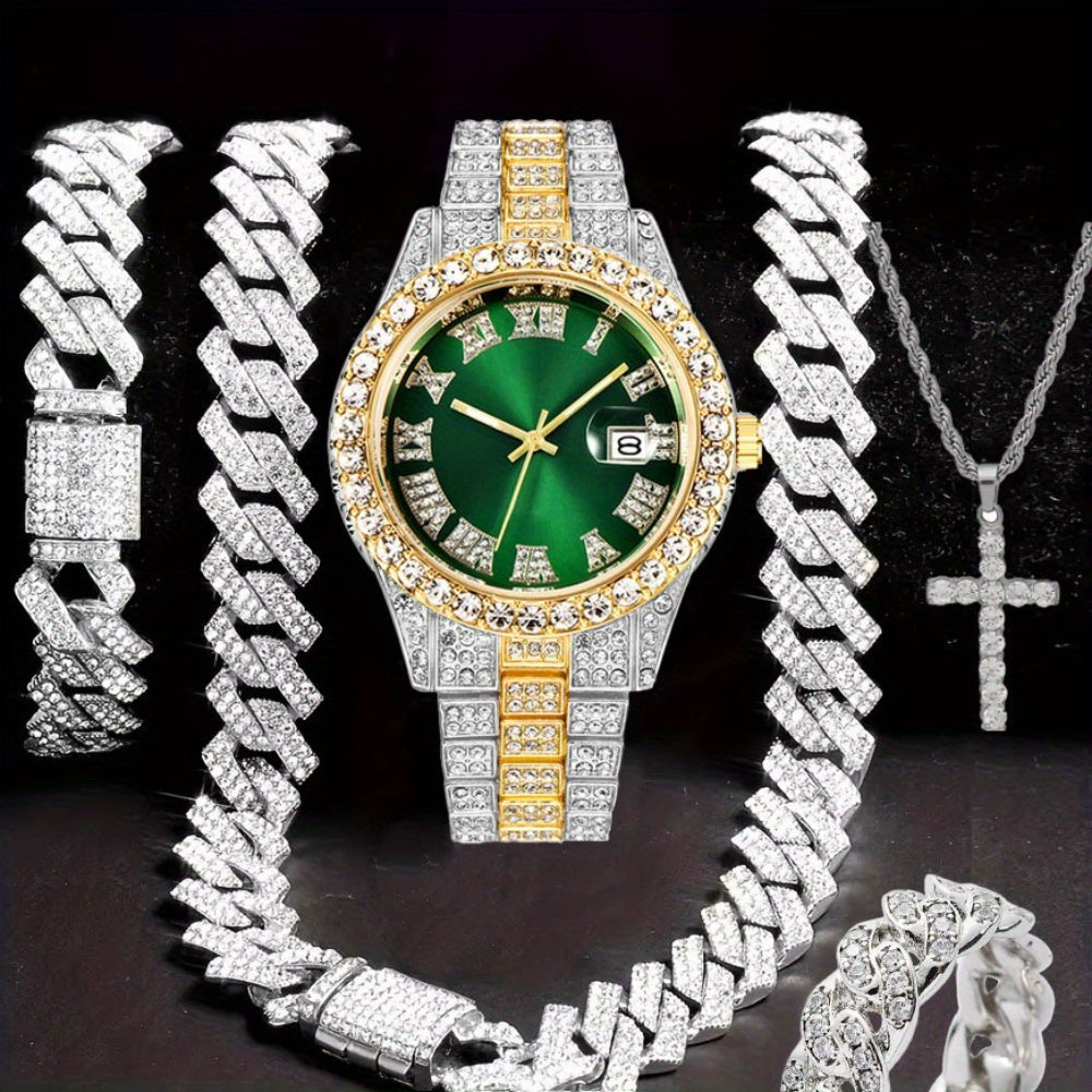 Jewelry Set with Watch - Hip Hop Men Cuban Chain Pendant Necklace Bracelet Blue Black Green Red - product detail view 41