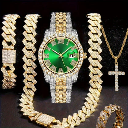 Jewelry Set with Watch - Hip Hop Men Cuban Chain Pendant Necklace Bracelet Blue Black Green Red - product detail view 46
