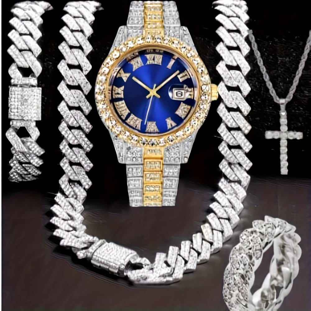 Jewelry Set with Watch - Hip Hop Men Cuban Chain Pendant Necklace Bracelet Blue Black Green Red - product detail view 47