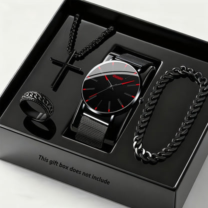 Jewelry Set with Watch - Luxury for Men 4pcs Quartz Analog Bracelet Necklace Gift Box Business - main product view