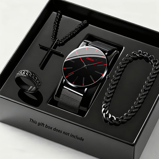 Jewelry Set with Watch - Luxury for Men 4pcs Quartz Analog Bracelet Necklace Gift Box Business - main product view