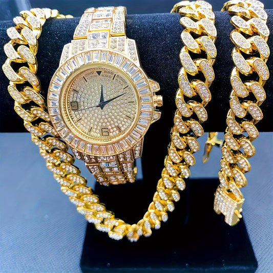 Jewelry Set with Watch - Necklace Bracelet 3 Pieces Quartz with Cuban Chain Necklace & Bracelet - main product view