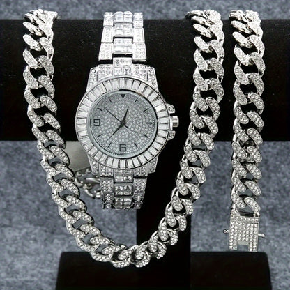 Jewelry Set with Watch - Necklace Bracelet 3 Pieces Quartz with Cuban Chain Necklace & Bracelet - product detail view 5
