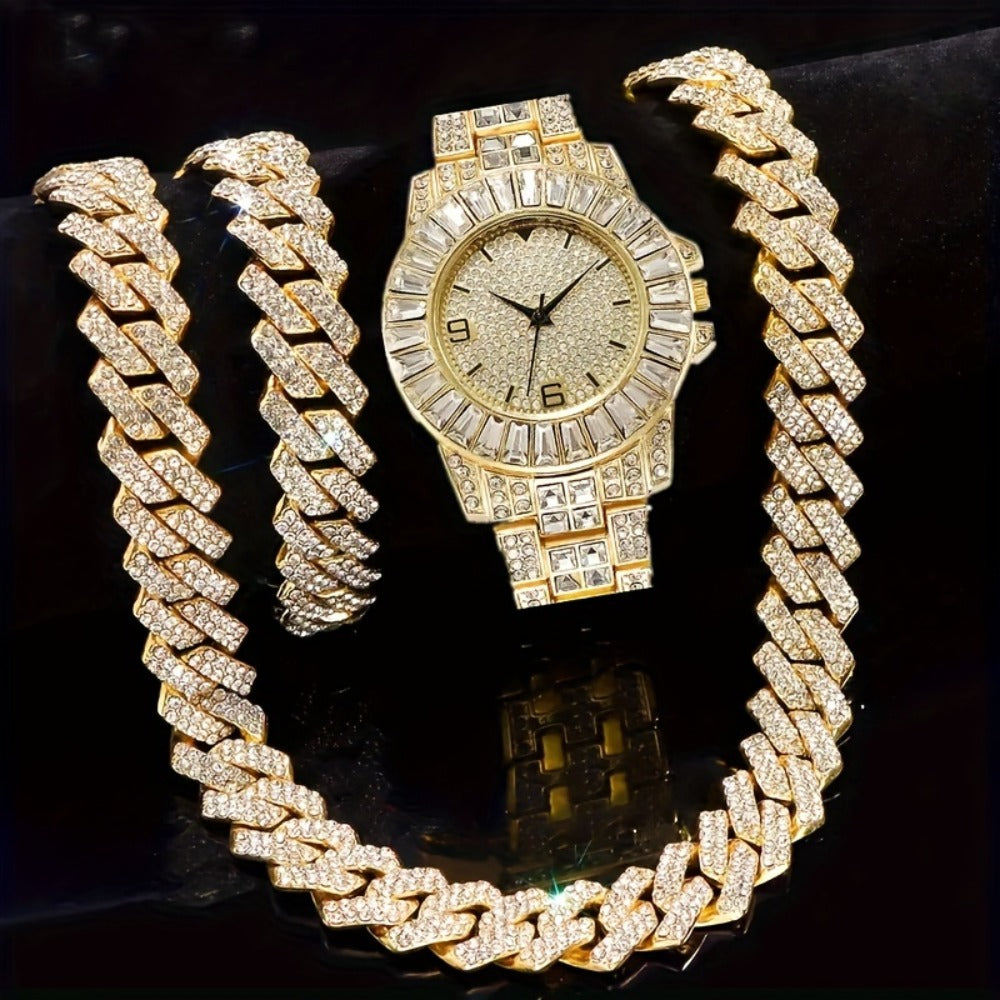 Jewelry Set with Watch - Necklace Bracelet 3 Pieces Quartz with Cuban Chain Necklace & Bracelet - product detail view 7