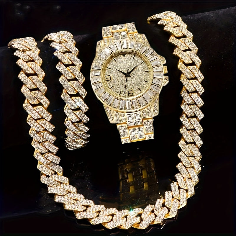 Jewelry Set with Watch - Necklace Bracelet 3 Pieces Quartz with Cuban Chain Necklace & Bracelet - product detail view 10