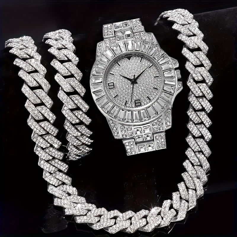 Jewelry Set with Watch - Necklace Bracelet 3 Pieces Quartz with Cuban Chain Necklace & Bracelet - product detail view 11