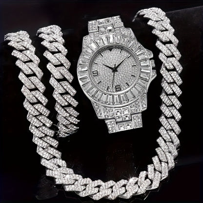 Jewelry Set with Watch - Necklace Bracelet 3 Pieces Quartz with Cuban Chain Necklace & Bracelet - product detail view 11