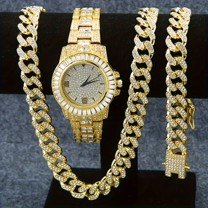 Jewelry Set with Watch - Necklace Bracelet 3 Pieces Quartz with Cuban Chain Necklace & Bracelet - product detail view 12
