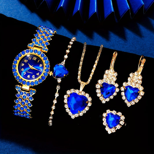 Jewelry Set with Watch - Quartz for Women 5 Piece Elegant Light Luxury Fashion & Blue Heart - main product view