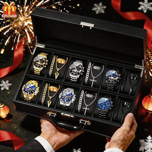 Jewelry Set with Watch - Men's 12pcs & 3 Quartz Watches, 9pcs Hip-Hop Bracelet, Necklace & Ring - main product view