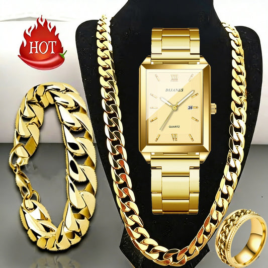 Jewelry Set with Watch - Men's & 4-Piece | Quartz , Necklace, Bracelet & Ring Gift for Men, Luxury - main product view