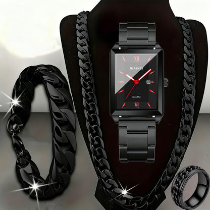 Jewelry Set with Watch - Men's & 4-Piece | Quartz , Necklace, Bracelet & Ring Gift for Men, Luxury - product detail view 2