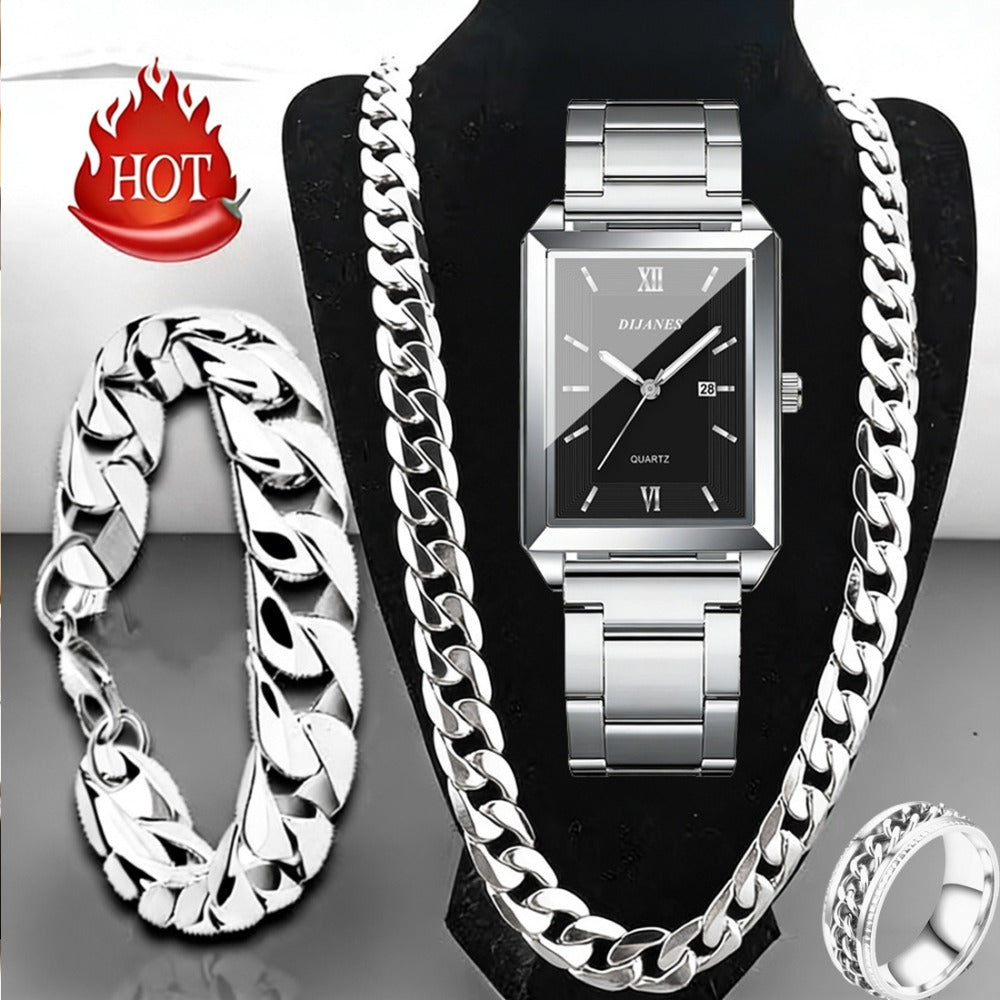 Jewelry Set with Watch - Men's & 4-Piece | Quartz , Necklace, Bracelet & Ring Gift for Men, Luxury - product detail view 3