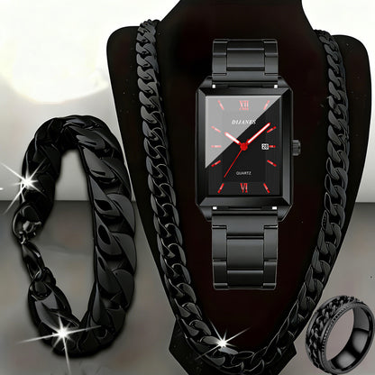 Jewelry Set with Watch - Men's & 4-Piece | Quartz , Necklace, Bracelet & Ring Gift for Men, Luxury - product detail view 10