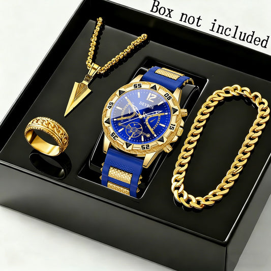 Jewelry Set with Watch - Men's 4-Piece Quartz & , Necklace, Ring & Bracelet | Golden Black & Blue - main product view
