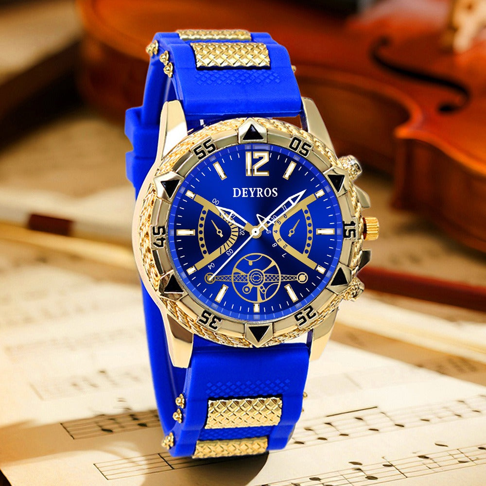 Jewelry Set with Watch - Men's 4-Piece Quartz & , Necklace, Ring & Bracelet | Golden Black & Blue - product detail view 3