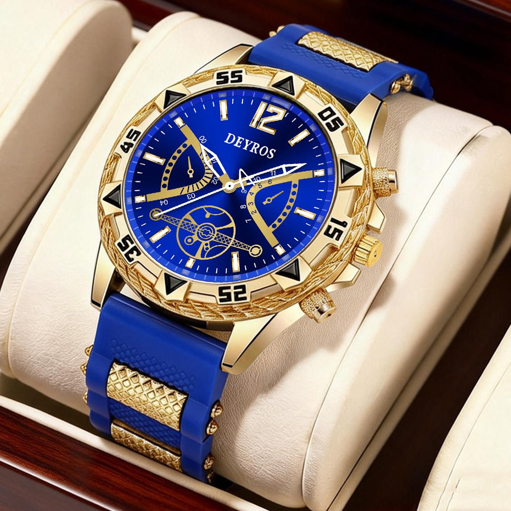 Jewelry Set with Watch - Men's 4-Piece Quartz & , Necklace, Ring & Bracelet | Golden Black & Blue - product detail view 5