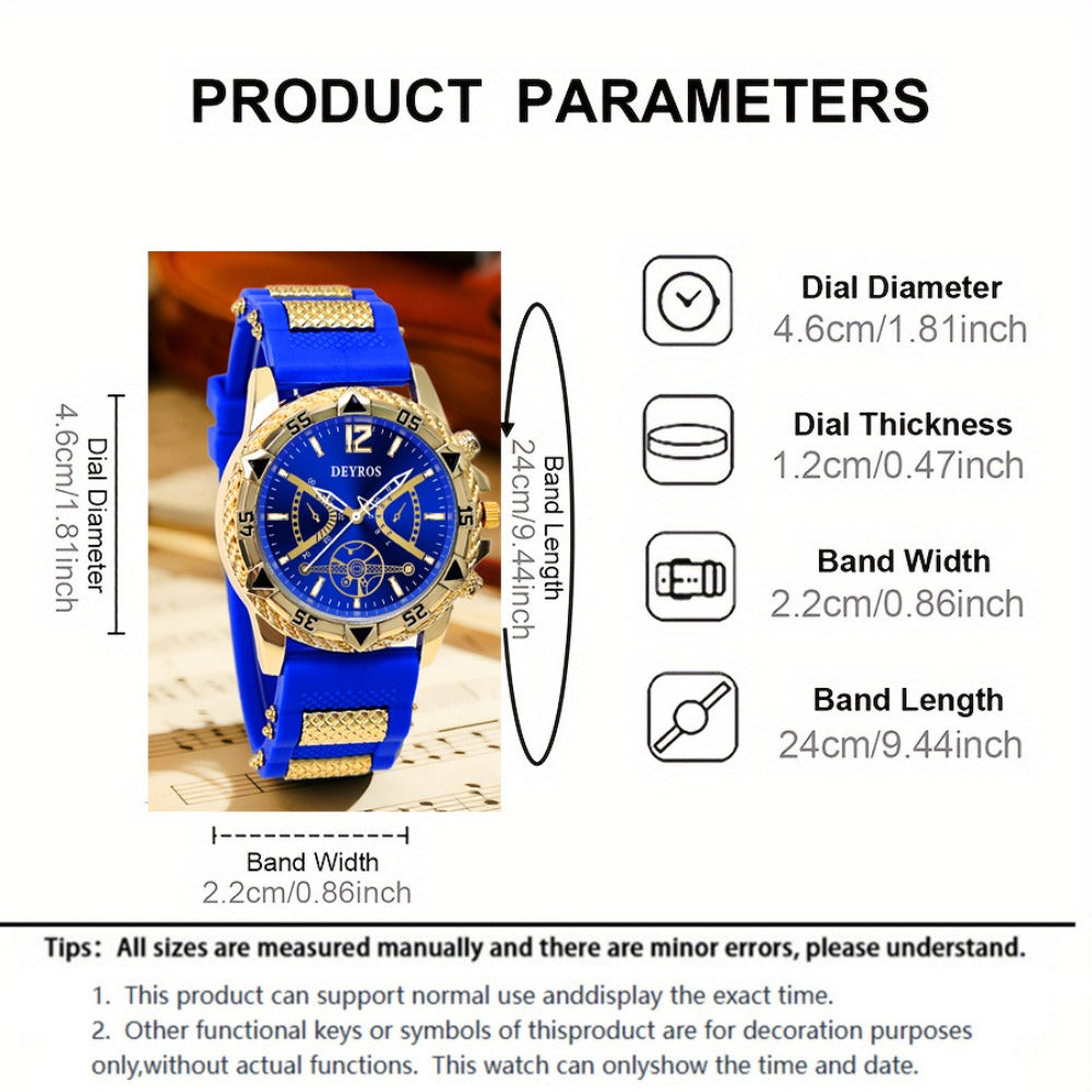 Jewelry Set with Watch - Men's 4-Piece Quartz & , Necklace, Ring & Bracelet | Golden Black & Blue - product detail view 6