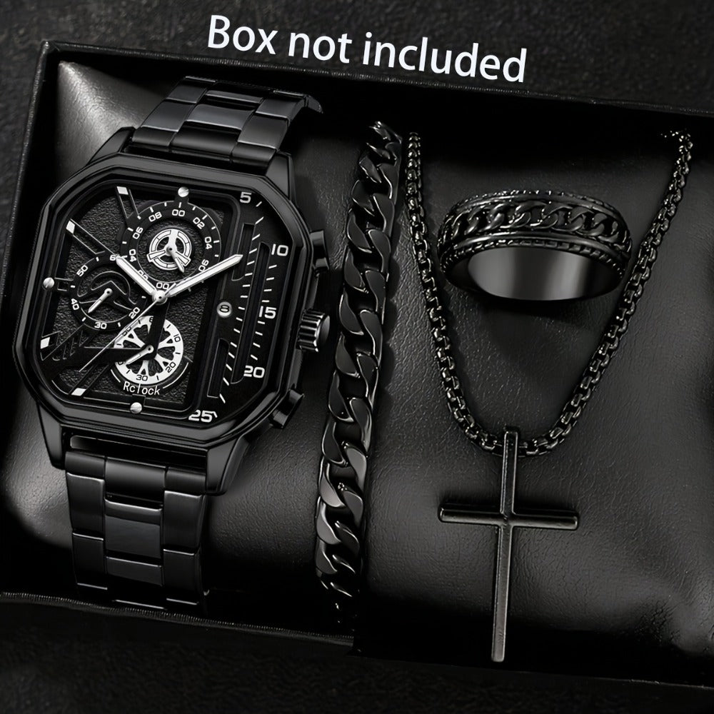 Jewelry Set with Watch - Men's 4-Piece Vintage & Square Dial Quartz , Necklace, Bracelet & Ring - main product view