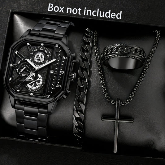Jewelry Set with Watch - Men's 4-Piece Vintage & Square Dial Quartz , Necklace, Bracelet & Ring - main product view