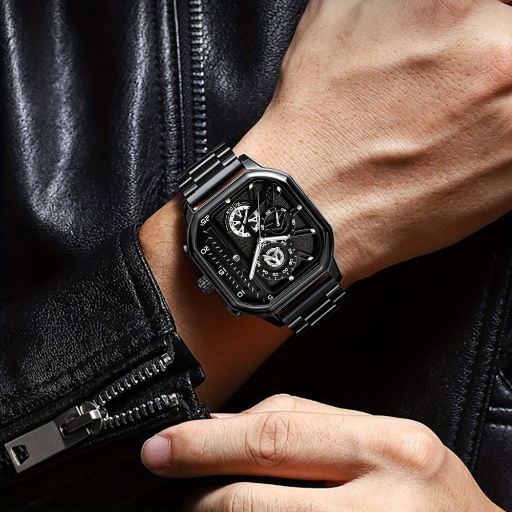 Jewelry Set with Watch - Men's 4-Piece Vintage & Square Dial Quartz , Necklace, Bracelet & Ring - product detail view 5