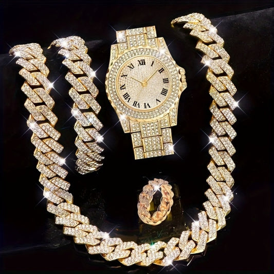 Jewelry Set with Watch - Men's 4pcs Lab Diamond & Gift Diamond-Inlaid Bracelet, Lab-Created Stone - main product view