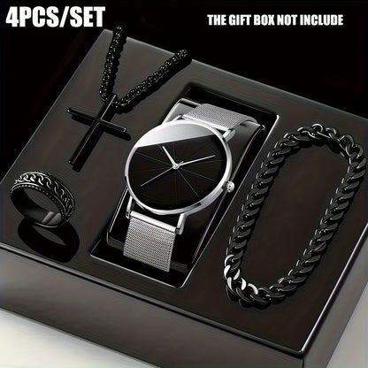Jewelry Set with Watch - Men's & 4pcs Quartz , Ring, Necklace & Bracelet Fashion Accessory Bundle - product detail view 11