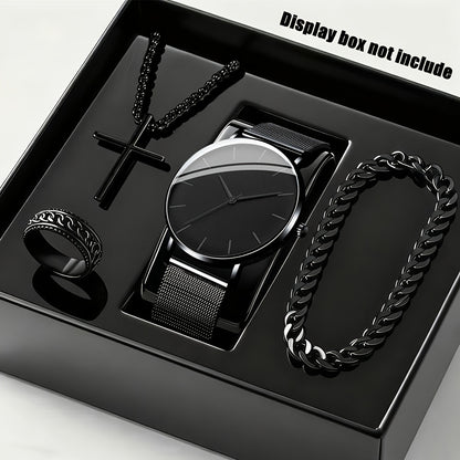 Jewelry Set with Watch - Men's & 4pcs Quartz , Ring, Necklace & Bracelet Fashion Accessory Bundle - product detail view 12