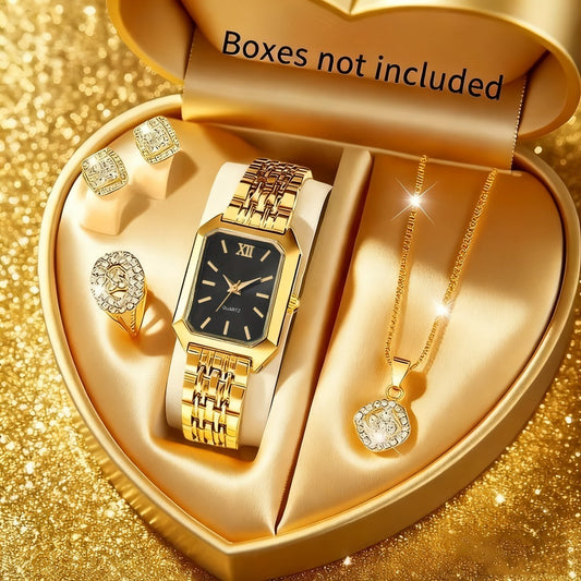 Jewelry Set with Watch - Women's & 5 Pieces Elegant Square Golden Tone Quartz Wristwatch with - main product view