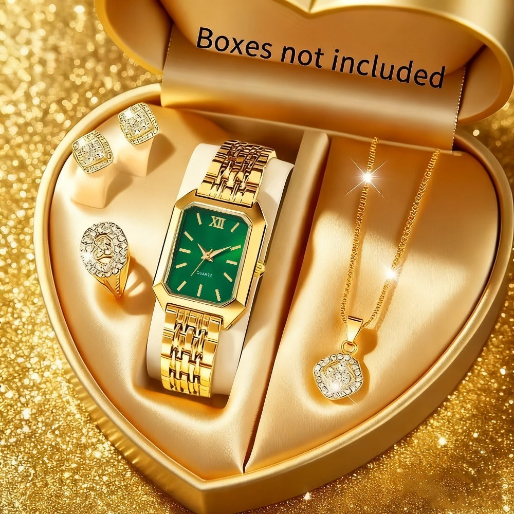 Jewelry Set with Watch - Women's & 5 Pieces Elegant Square Golden Tone Quartz Wristwatch with - product detail view 7