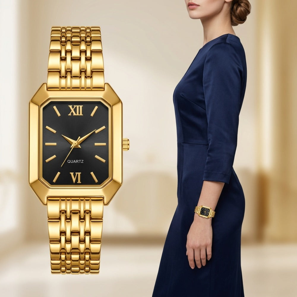 Jewelry Set with Watch - Women's & 5 Pieces Elegant Square Golden Tone Quartz Wristwatch with - product detail view 8
