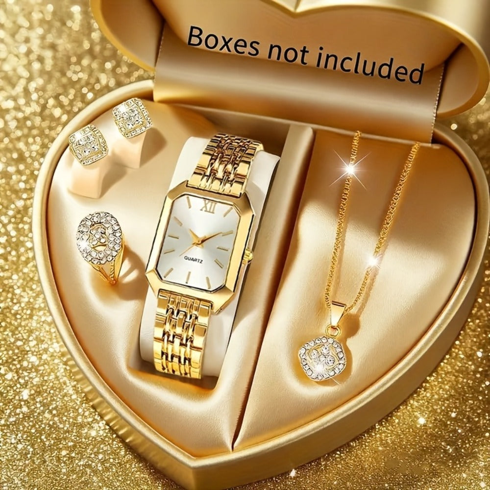Jewelry Set with Watch - Women's & 5 Pieces Elegant Square Golden Tone Quartz Wristwatch with - product detail view 10