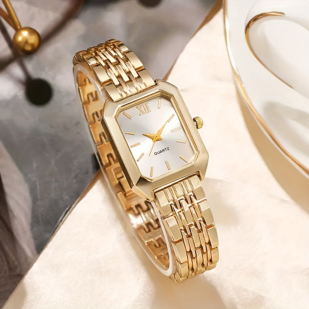 Jewelry Set with Watch - Women's & 5 Pieces Elegant Square Golden Tone Quartz Wristwatch with - product detail view 12