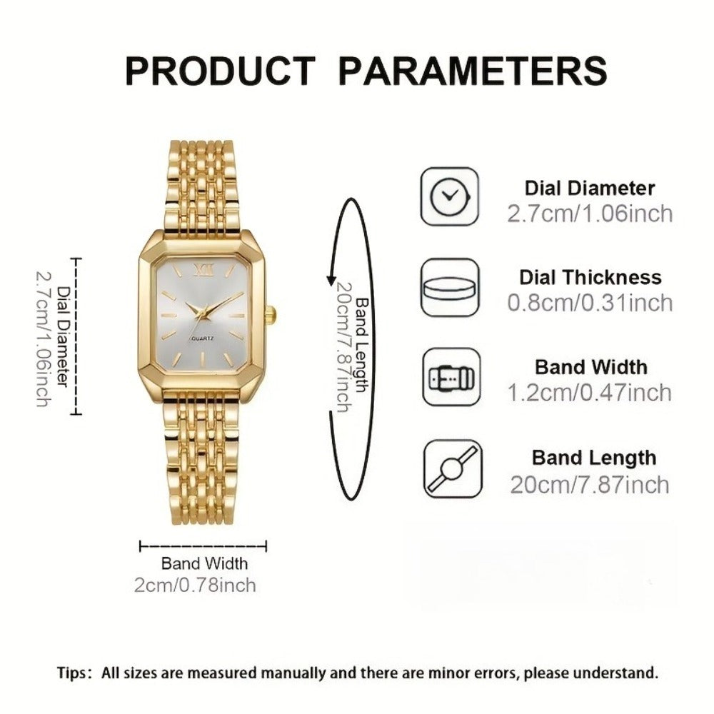 Jewelry Set with Watch - Women's & 5 Pieces Elegant Square Golden Tone Quartz Wristwatch with - product detail view 13